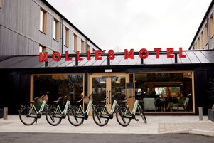 Un motel con un cartel grande que dice "Mollie's Motel".