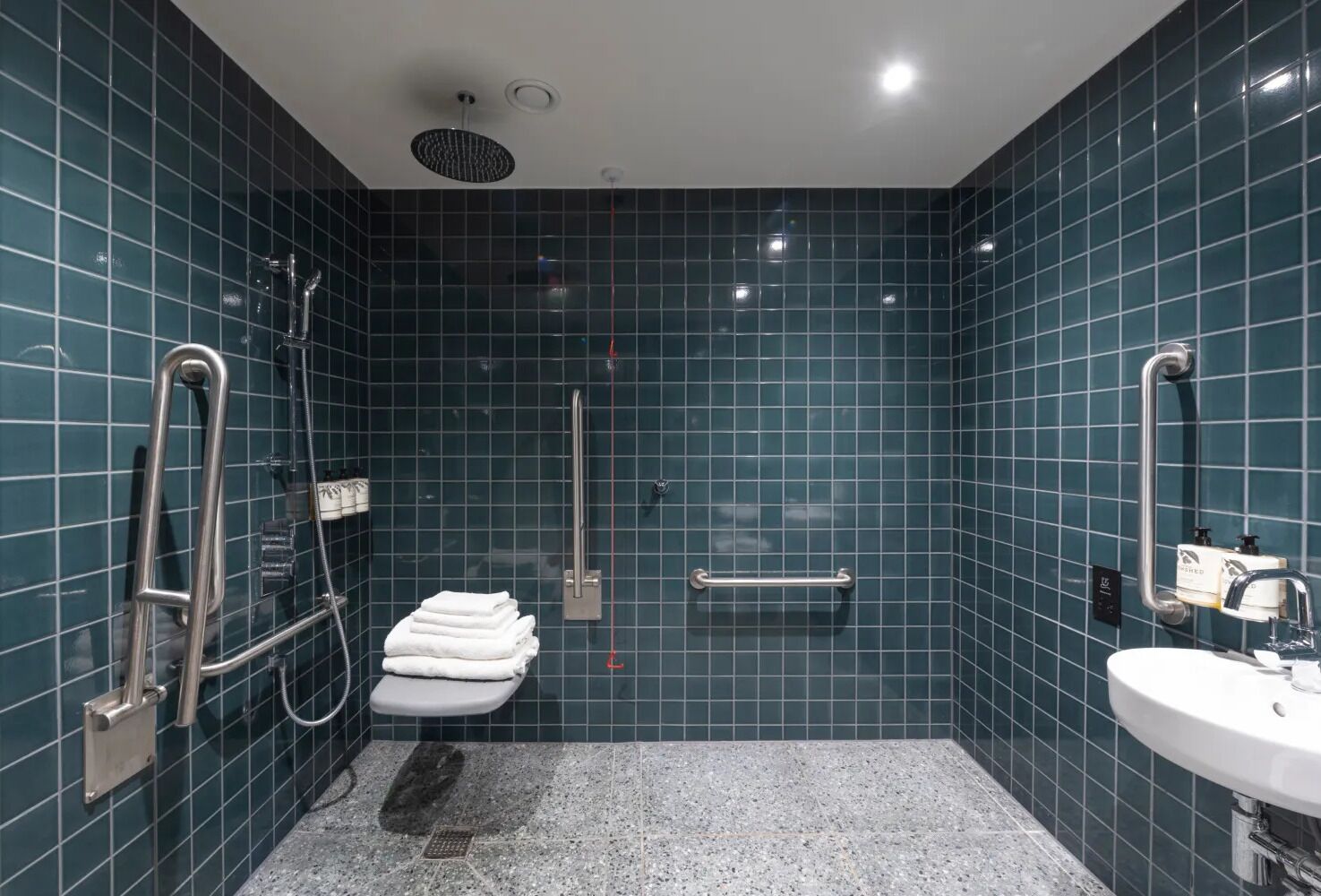 accessible room | bathroom | shower, rainfall showerhead, hair dryer, towels
