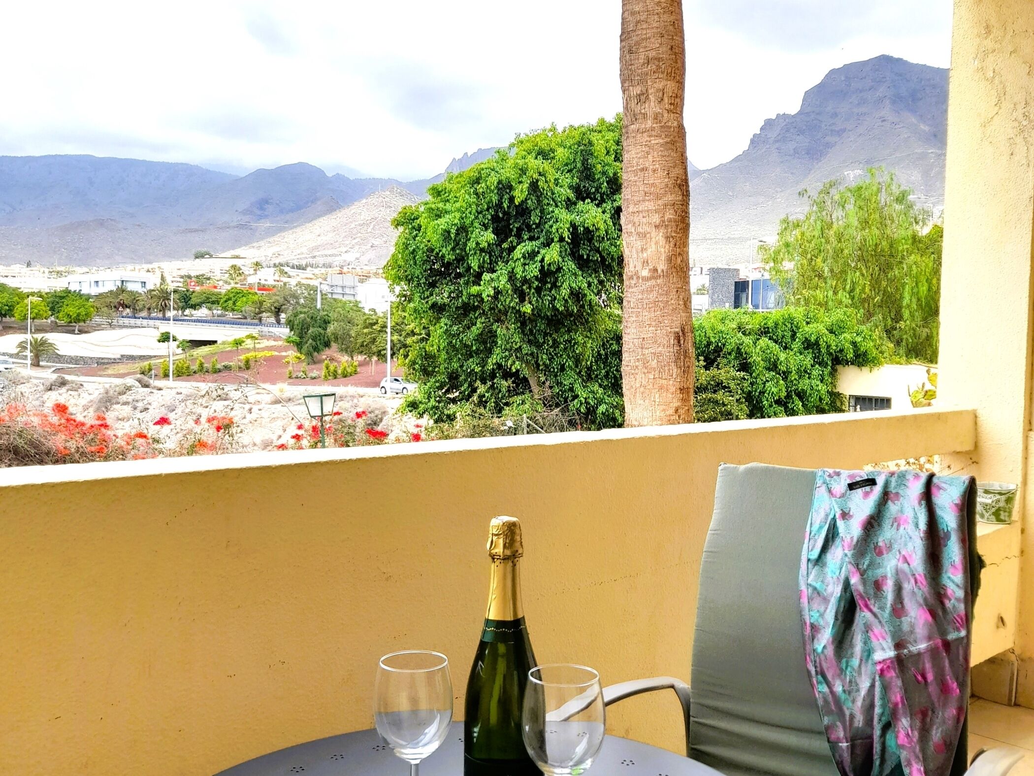A balcony with a table, two wine glasses, and a bottle of champagne. In the background, there are mountains, trees, and a view of a town.