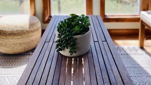 Una mesa de madera con una planta en maceta en el centro, un otomano tejido y vistas a árboles a través de amplias ventanas.