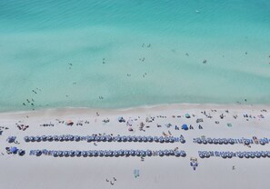 An aerial view of a beach with rows of umbrellas and people.