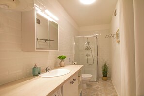 Suihku, hiustenkuivaaja, pyyhkeet, vessapaperi