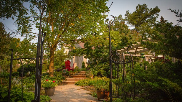 A garden pathway leading to a house with steps and a red chair. - Private Elora Studio in heart of Elora (Elora)
