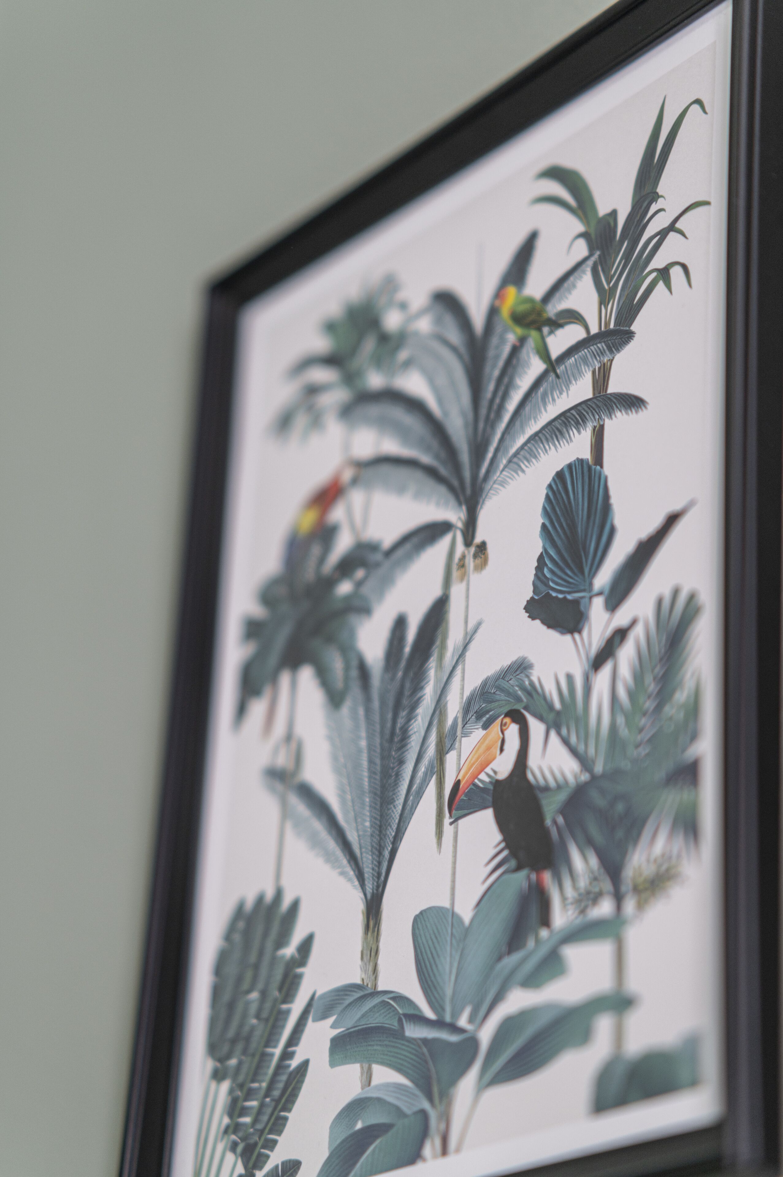Ilustración botánica enmarco con plantas tropicales y aves.