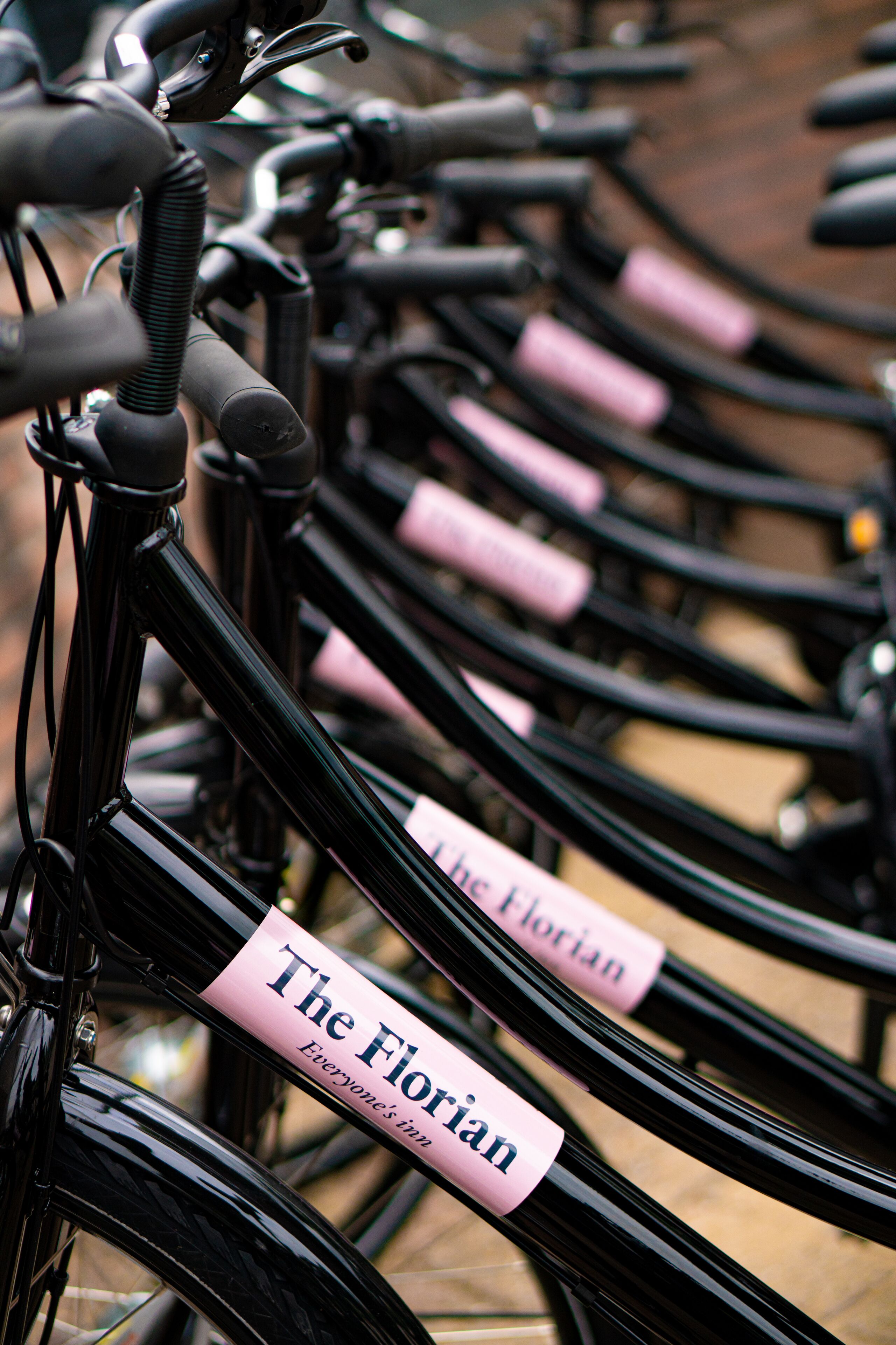 Una filera de bicicletes amb etiquetes rosa, cadascuna amb el nom 'The Florian'.