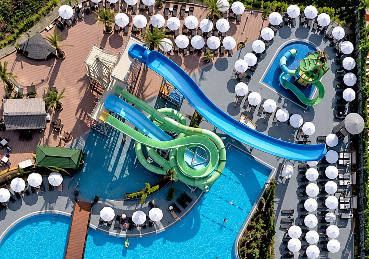 Un resort con una gran piscina, varias toboganes y tumbonas.