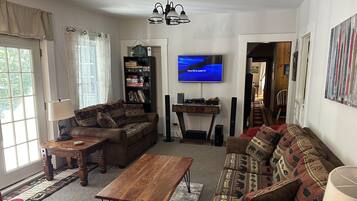 Télévision, cheminée, livres, chaîne hi-fi