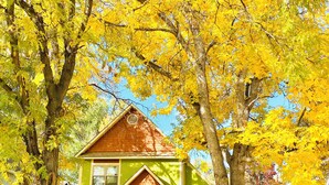 Una casa verde con techo rojo, rodeada por una cerca blanca de piquetes y árboles con hojas amarillas.