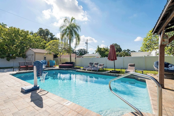 Splash into your vacation! Enjoy a dip in the private pool with a basketball hoop, or soak up the sun on a comfy lounge chair.