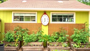 A green building with two windows, a red clock, and raised garden beds in front.