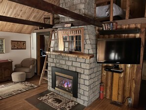 Smart TV, fireplace, DVD player, video library