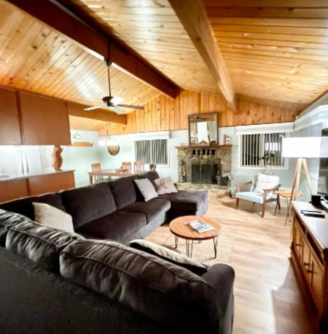 Smart TV, fireplace, books, stereo