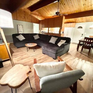 TV connectée, cheminée, livres, chaîne hi-fi