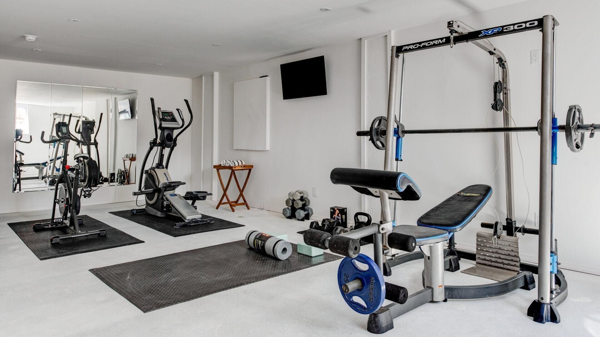 A home gym with various exercise equipment including a treadmill, elliptical, weight bench, and a squat rack.