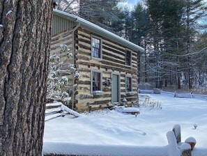 A log cabin with a snow-covered exterior, surrounded by trees.