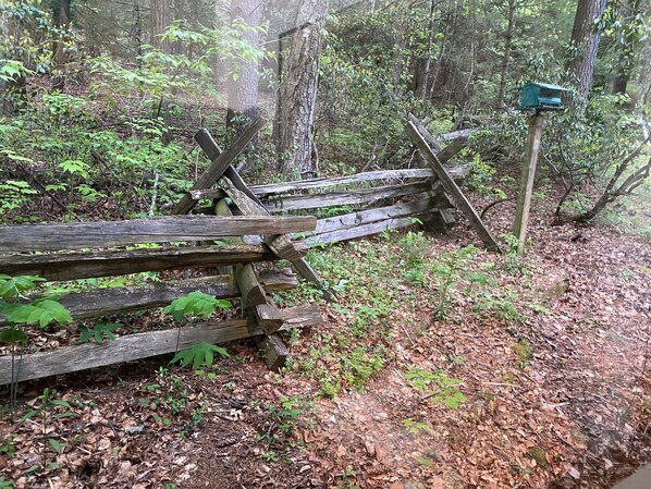 A rustic wooden fence in a forested area with a bird feeder on a post.