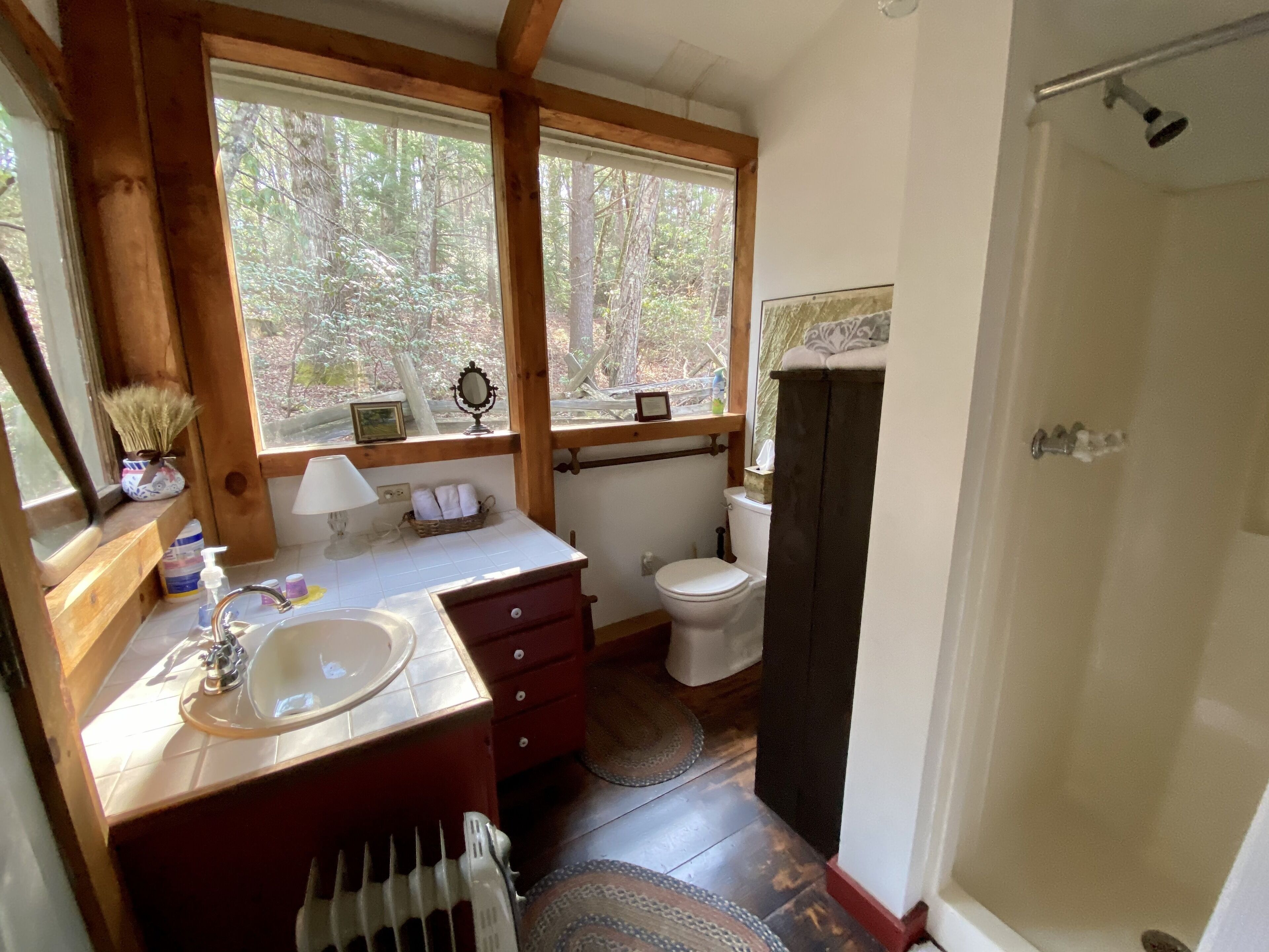 A bathroom with a wooden vanity, a sink, a toilet, and a shower.
