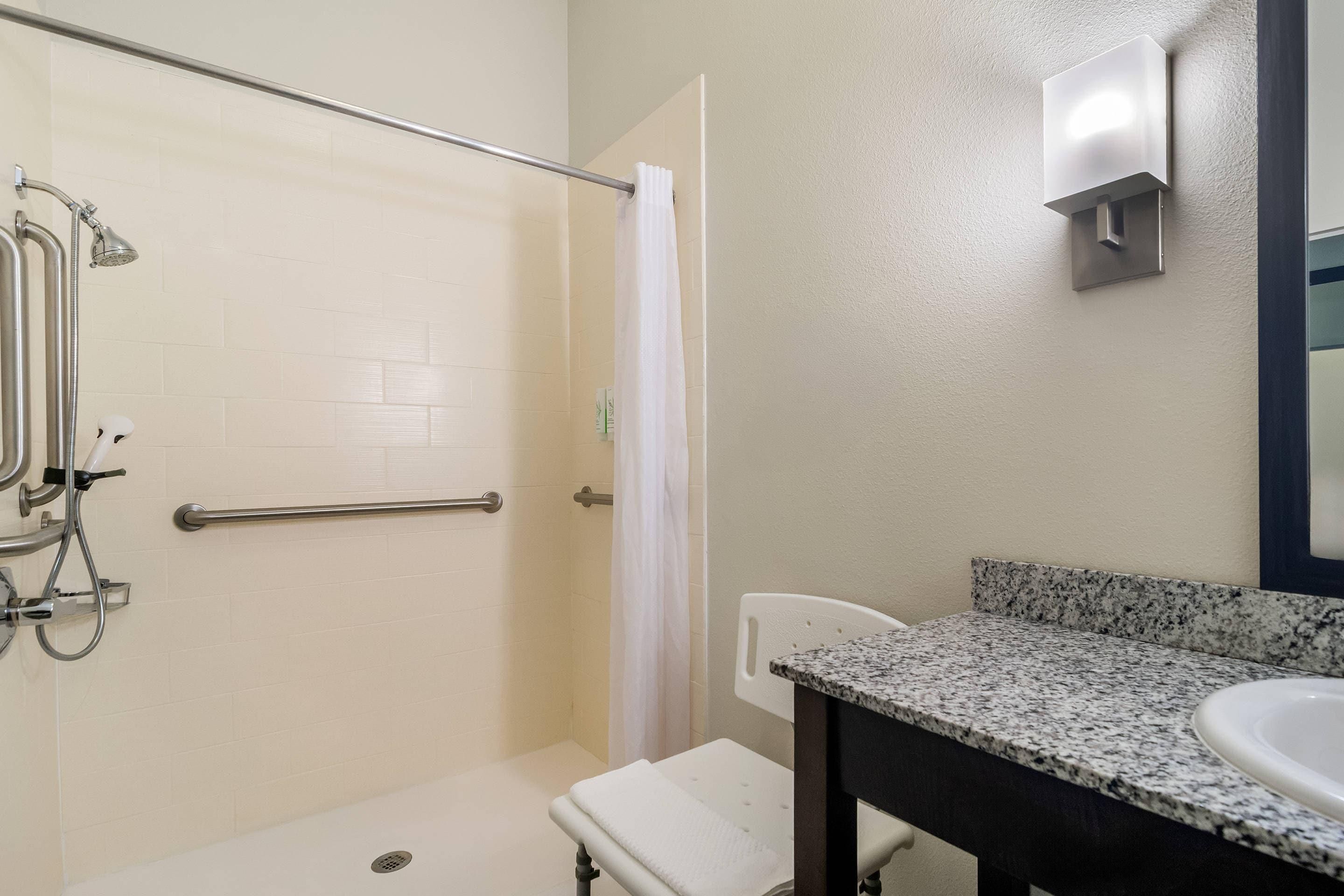 A bathroom with a shower, grab bars, a sink, and a mirror.