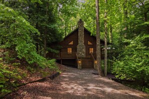 Une cabane en rondins avec une cheminée en pierre, entourée d’une forêt dense.