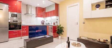 Fridge, microwave, oven, dishwasher