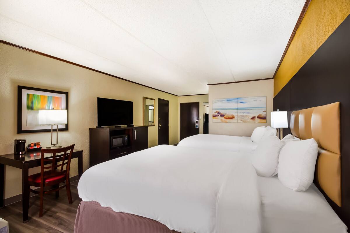 Standard Room, 2 Queen Beds, Non Smoking | Desk, laptop workspace, blackout drapes, iron/ironing board
