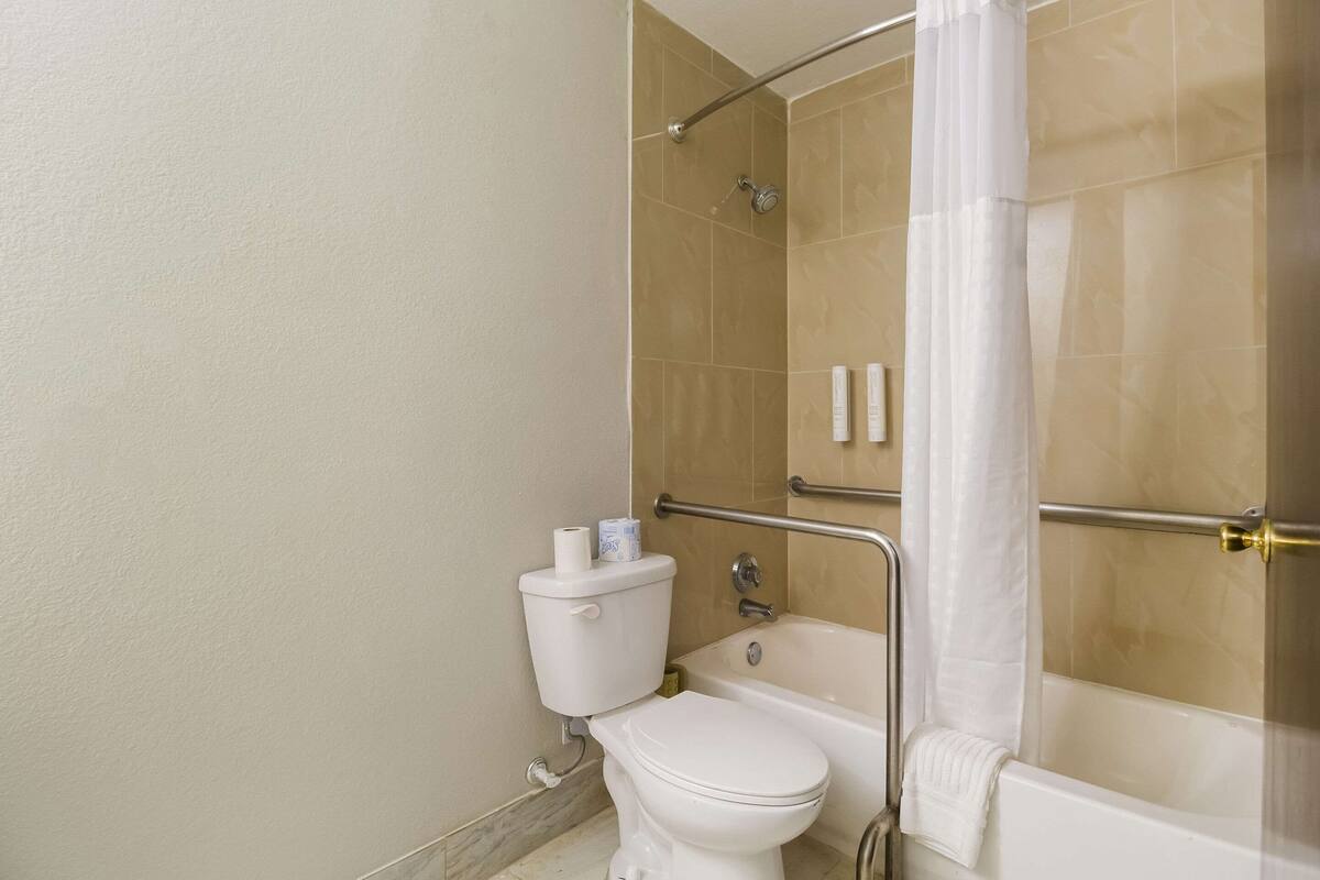 A bathroom with a toilet, bathtub, shower, and handrails.
