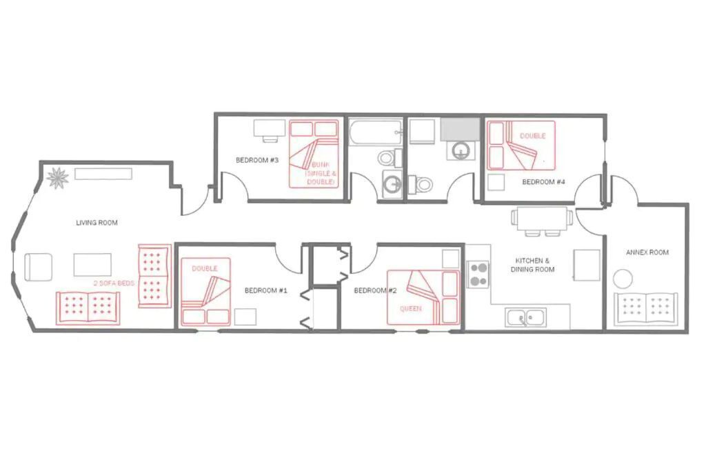Een plattegrond van een hotelkamer met een zithoek, twee 2-persoons slaapkamers, een 1-persoons slaapkamer, een kamer met een queensize bed, een keuken en eetgedeelte, en een bijgebouw.