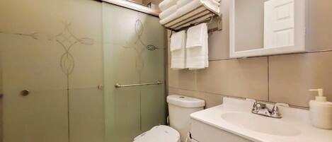 Un baño con mampara de vidrio, inodoro, lavamanos con espejo y toallero con toallas dobladas.