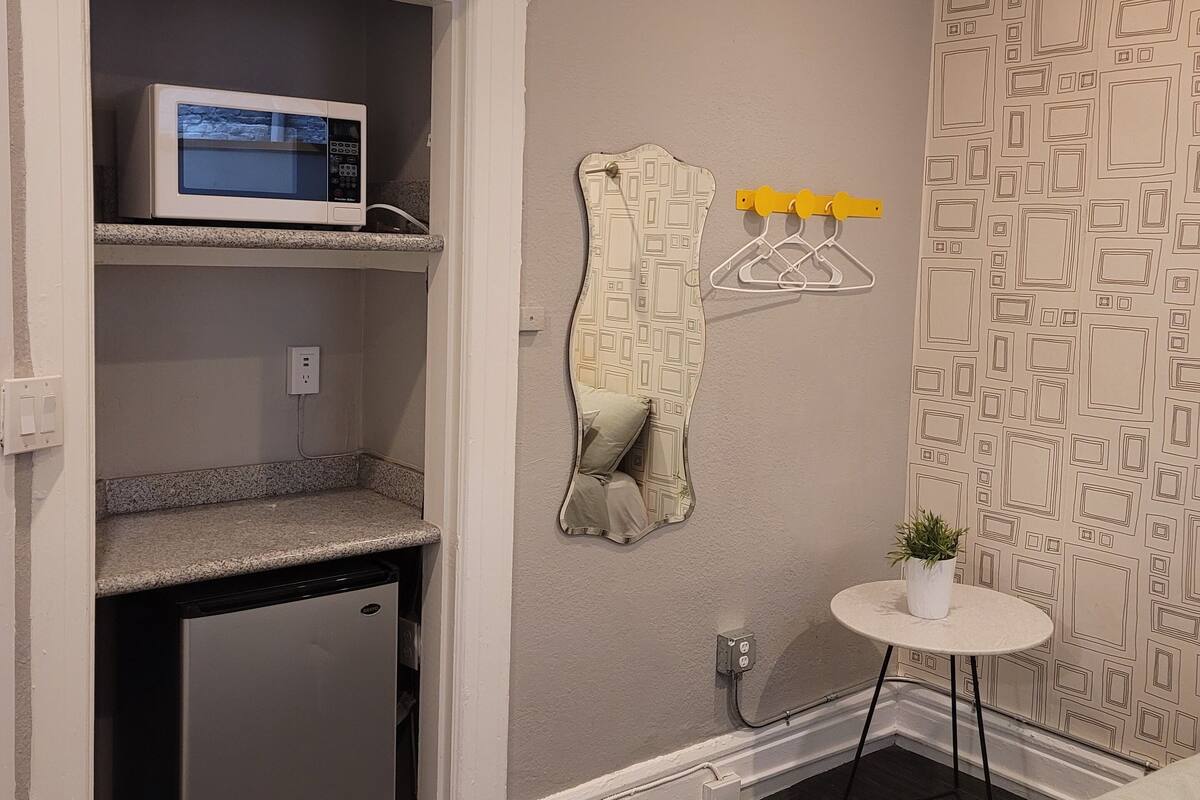 A compact kitchenette with a microwave, a small refrigerator, and a countertop. There is a wall-mounted mirror with a hanging garment rack and a small potted plant on a round table.