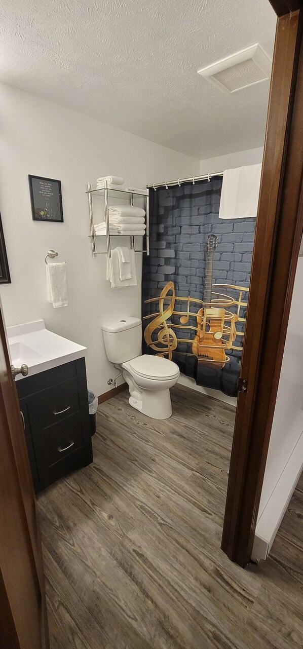 A bathroom with a white toilet, a black sink, and a shower curtain with a guitar design.