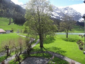 Un paysage montagneux avec un grand arbre au premier plan, un ciel dégagé et une vue lointaine de sommets enneigés.