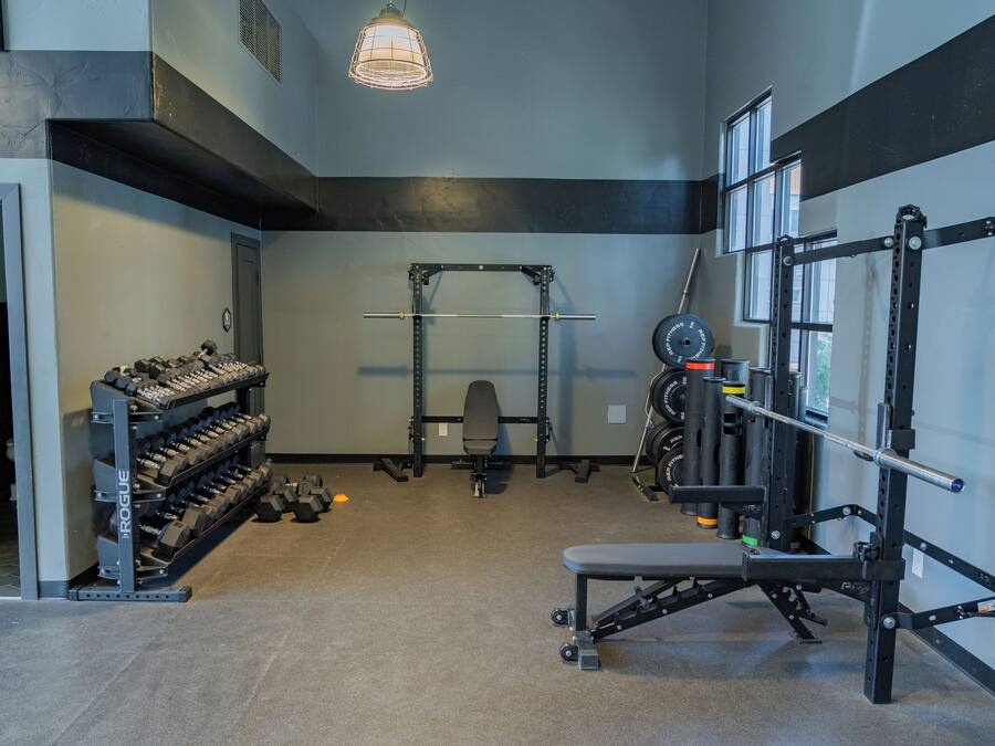 Un gimnasio con estanterías para pesas, una banca y una estructura para sentadillas.