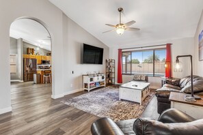 TV, fireplace, books
