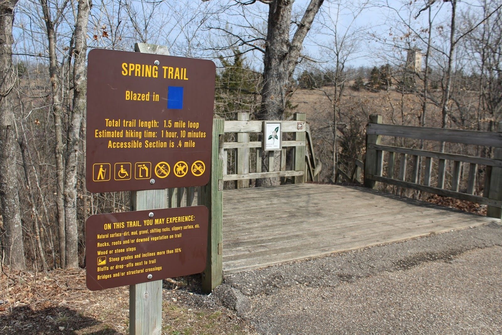 A wooden boardwalk leading to a bridge over a creek, surrounded by trees and a clear sky.