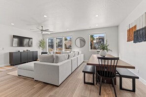 TV, DVD player, foosball, books