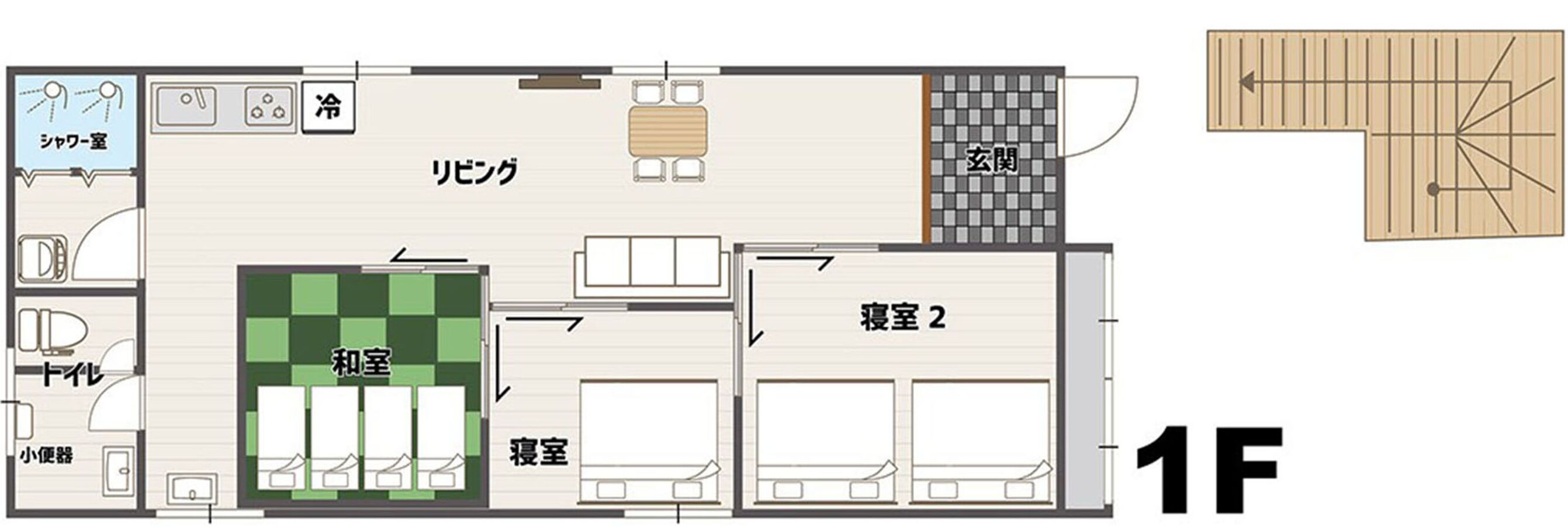 A hotel layout with a living room, two bedrooms, a bathroom, and a dining area.