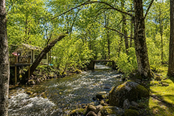 A river flowing through a forest with a wooden bridge and a house with a deck and railing.