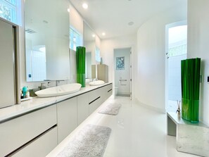 Shower, hair dryer, bidet, towels