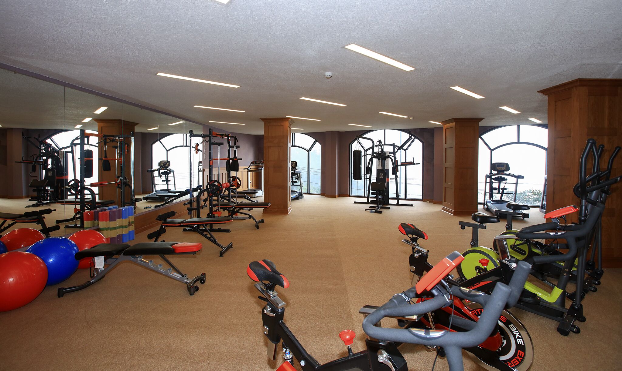 Un gimnasio amplio con diversos equipos de ejercicio, ventanas grandes y un techo alto.
