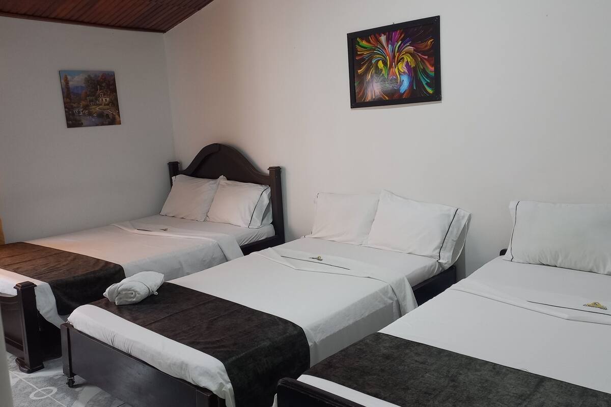 Une chambre d’hôtel avec trois lits simples, chacun doté de draps blancs et d’une tête de lit sombre. Un tableau est accroché au mur, au-dessus des lits.