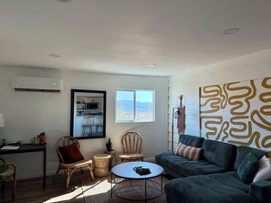 Smart TV, fireplace, books