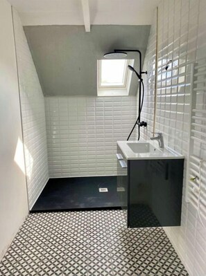 Ensemble douche/baignoire, sèche-cheveux, serviettes fournies