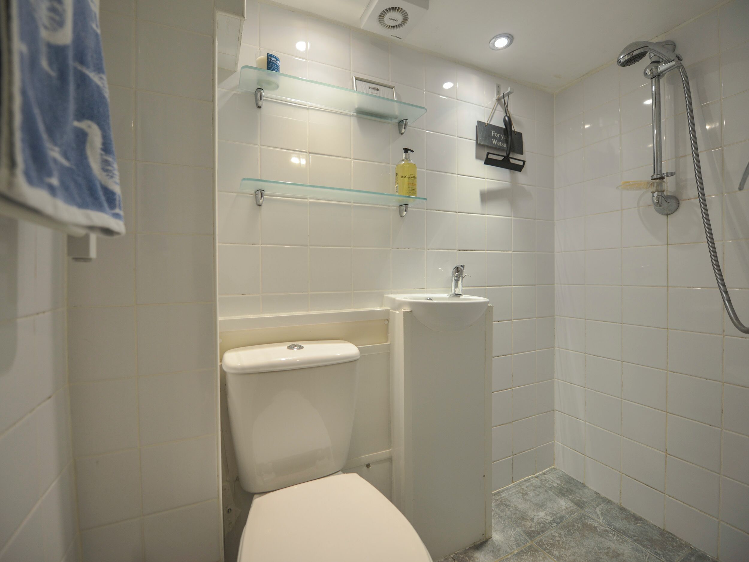 Ein kleines, modernes Badezimmer mit Toilette, Waschbecken und Dusche. Über dem Waschbecken befinden sich Glastage mit Pflegeprodukten.