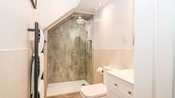 Une salle de bain avec douche, toilettes et lavabo.