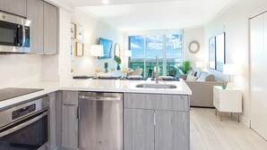A modern kitchen with a built-in dishwasher, a microwave, and an oven. There is a large window providing a view of the cityscape.