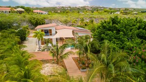 A modern house with a pool, surrounded by lush greenery and palm trees.