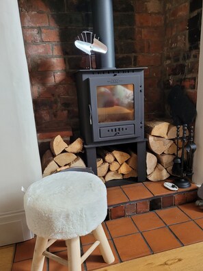 A wood-burning stove with a glass door, a white fluffy stool, and a stack of firewood against a brick wall.