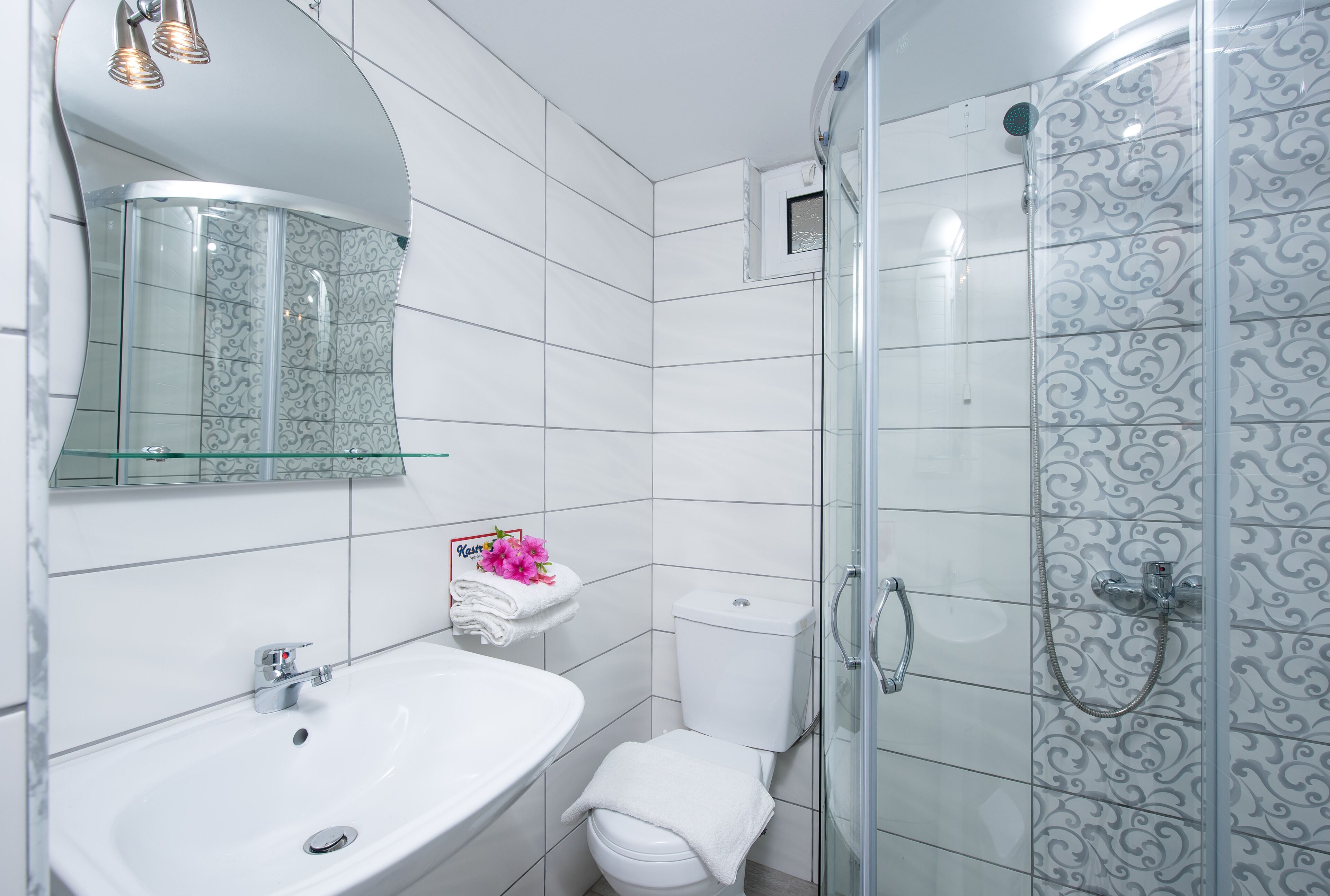 A modern bathroom with a glass-enclosed shower, a white sink, and a toilet.