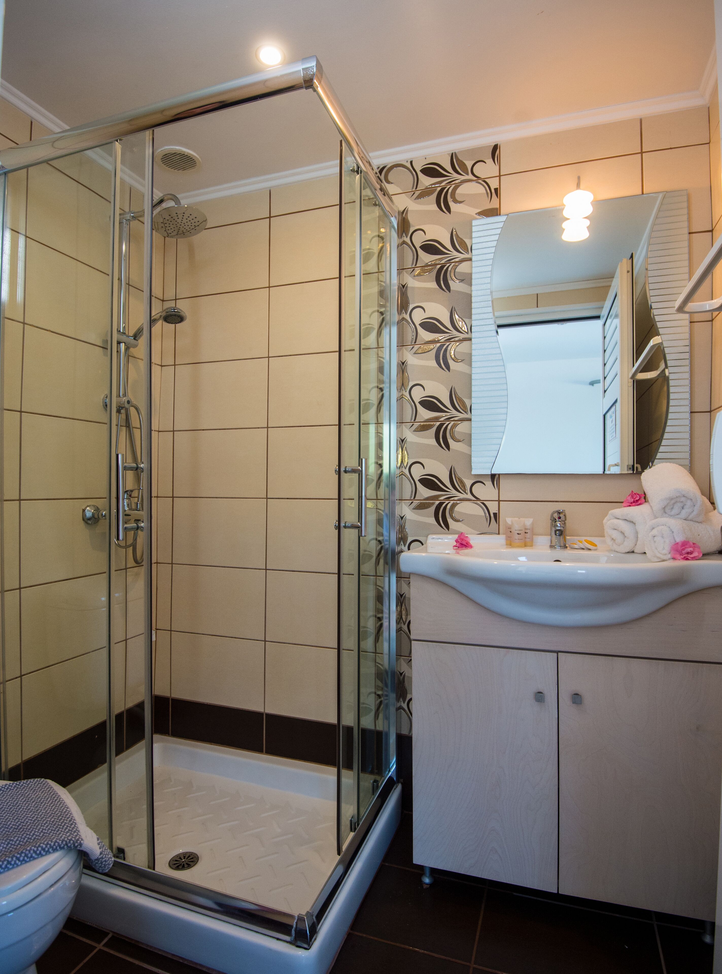 A modern bathroom with a glass-enclosed shower, a sink with toiletries, and a mirror with a decorative frame.