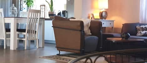 Smart TV, fireplace, DVD player, music library